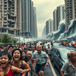 A chaotic scene in Jakarta, with a diverse crowd of men and women of all ages—young children, teenagers, adults, and elderly individuals—screaming with wide-open mouths and tears streaming down their faces, expressing extreme fear