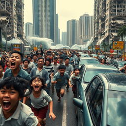 A chaotic scene in Jakarta, with a diverse crowd of men and women of all ages—young children, teenagers, adults, and elderly individuals—screaming with wide-open mouths and tears streaming down their faces, expressing extreme fear