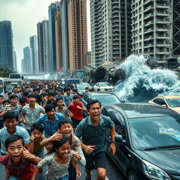 A chaotic scene in Jakarta, with a diverse crowd of men and women of all ages—young children, teenagers, adults, and elderly individuals—screaming with wide-open mouths and tears streaming down their faces, expressing extreme fear