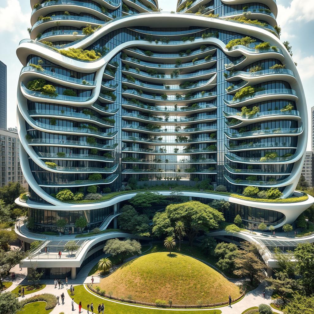 An elegant residential building with a captivating curved, twisted bionic shape and futuristic design, rising impressively to 40 floors