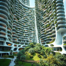 An elegant residential building with a captivating curved, twisted bionic shape and futuristic design, rising impressively to 40 floors