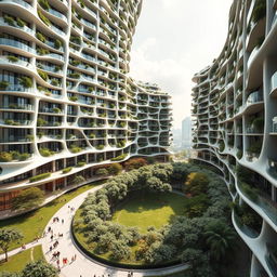 An elegant residential building with a captivating curved, twisted bionic shape and futuristic design, rising impressively to 40 floors