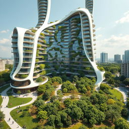 An elegant residential building with a captivating curved, twisted bionic shape and futuristic design, rising impressively to 40 floors