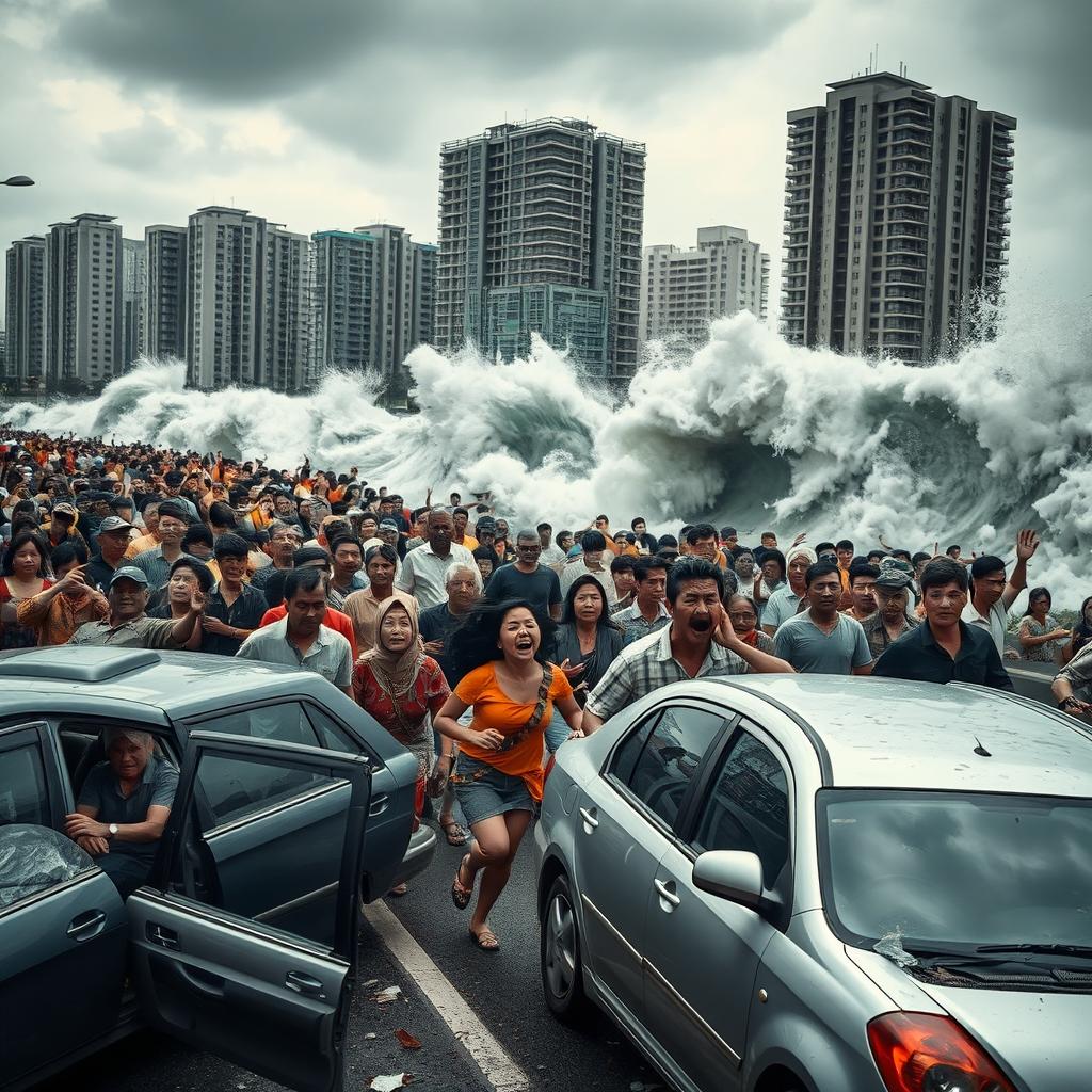 A chaotic scene in the city of Jakarta during a tsunami disaster, featuring a diverse crowd of citizens both men and women of various ages, from children to elderly individuals, dressed in a mix of modern and traditional Indonesian clothing