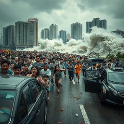 A chaotic scene in the city of Jakarta during a tsunami disaster, featuring a diverse crowd of citizens both men and women of various ages, from children to elderly individuals, dressed in a mix of modern and traditional Indonesian clothing