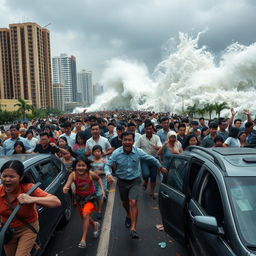 A chaotic scene in the city of Jakarta during a tsunami disaster, featuring a diverse crowd of citizens both men and women of various ages, from children to elderly individuals, dressed in a mix of modern and traditional Indonesian clothing