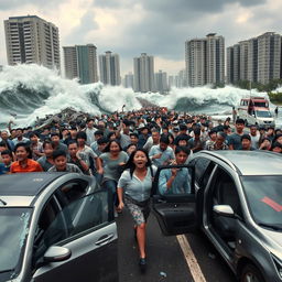 A chaotic scene in the city of Jakarta during a tsunami disaster, featuring a diverse crowd of citizens both men and women of various ages, from children to elderly individuals, dressed in a mix of modern and traditional Indonesian clothing