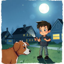 A scene depicting a curious young boy investigating a mysterious dog incident at night