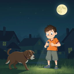 A scene depicting a curious young boy investigating a mysterious dog incident at night