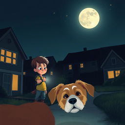 A scene depicting a curious young boy investigating a mysterious dog incident at night