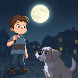 A scene depicting a curious young boy investigating a mysterious dog incident at night