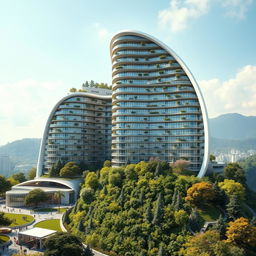 An elegant residential building with a stunning curved, twisted bionic shape and a futuristic design, soaring up to 40 floors