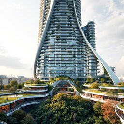 An elegant residential building with a stunning curved, twisted bionic shape and a futuristic design, soaring up to 40 floors