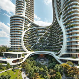 An elegant residential building with a stunning curved, twisted bionic shape and a futuristic design, soaring up to 40 floors