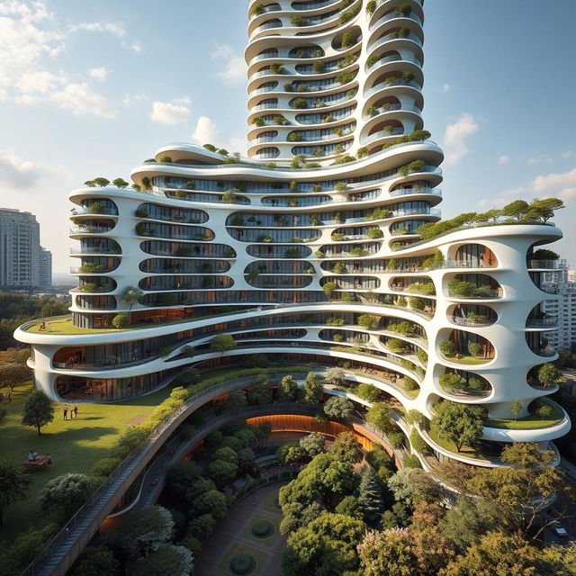 An elegant residential building with an impressive curved, twisted bionic shape and a futuristic design, rising to a remarkable height of 40 floors