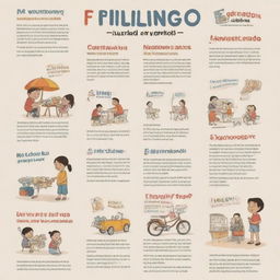 Create a simple poster featuring hand-drawn or digital illustrations of the daily use of the Filipino language in routine life and social interactions, accompanied by a brief explanation.