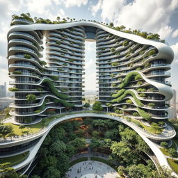 An elegant residential building with an impressive curved, twisted bionic shape and a futuristic design, rising to a remarkable height of 40 floors