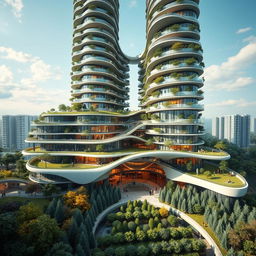 An elegant residential building with an impressive curved, twisted bionic shape and a futuristic design, rising to a remarkable height of 40 floors