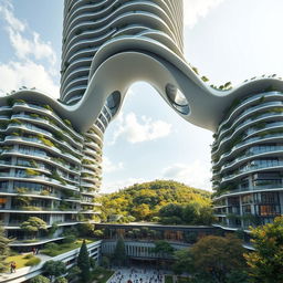 An elegant residential building with an impressive curved, twisted bionic shape and a futuristic design, rising to a remarkable height of 40 floors