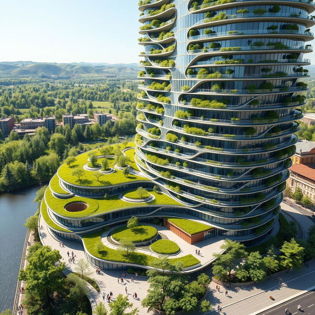 A residential building that is elegant, with a curved, twisted, bionic shape and futuristic design, towering at 40 floors