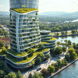 A residential building that is elegant, with a curved, twisted, bionic shape and futuristic design, towering at 40 floors