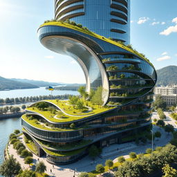 A residential building that is elegant, with a curved, twisted, bionic shape and futuristic design, towering at 40 floors