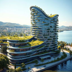 A residential building that is elegant, with a curved, twisted, bionic shape and futuristic design, towering at 40 floors