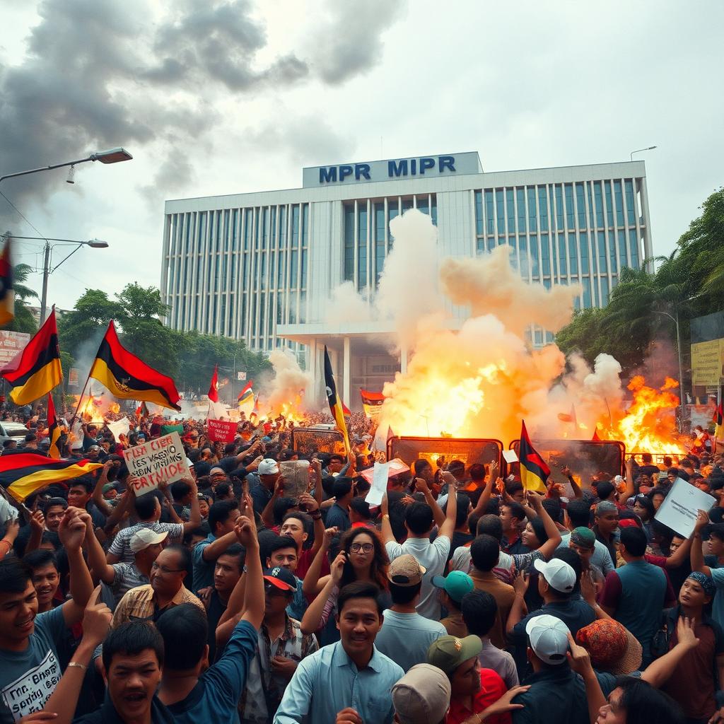 A chaotic scene depicted at the MPR building in Jakarta during the 1998 riots, featuring a crowded streetscape filled with protesters expressing their anger and frustration