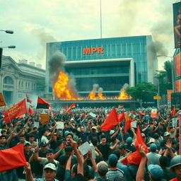 A chaotic scene depicted at the MPR building in Jakarta during the 1998 riots, featuring a crowded streetscape filled with protesters expressing their anger and frustration