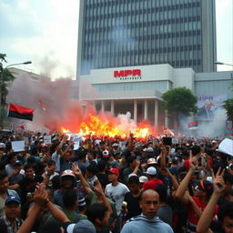 A chaotic scene depicted at the MPR building in Jakarta during the 1998 riots, featuring a crowded streetscape filled with protesters expressing their anger and frustration