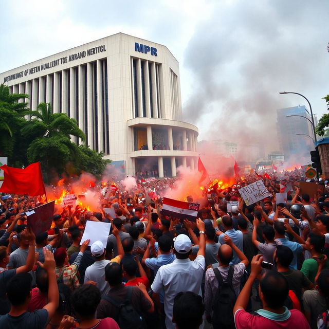 A chaotic scene depicted at the MPR building in Jakarta during the 1998 riots, featuring a crowded streetscape filled with protesters expressing their anger and frustration