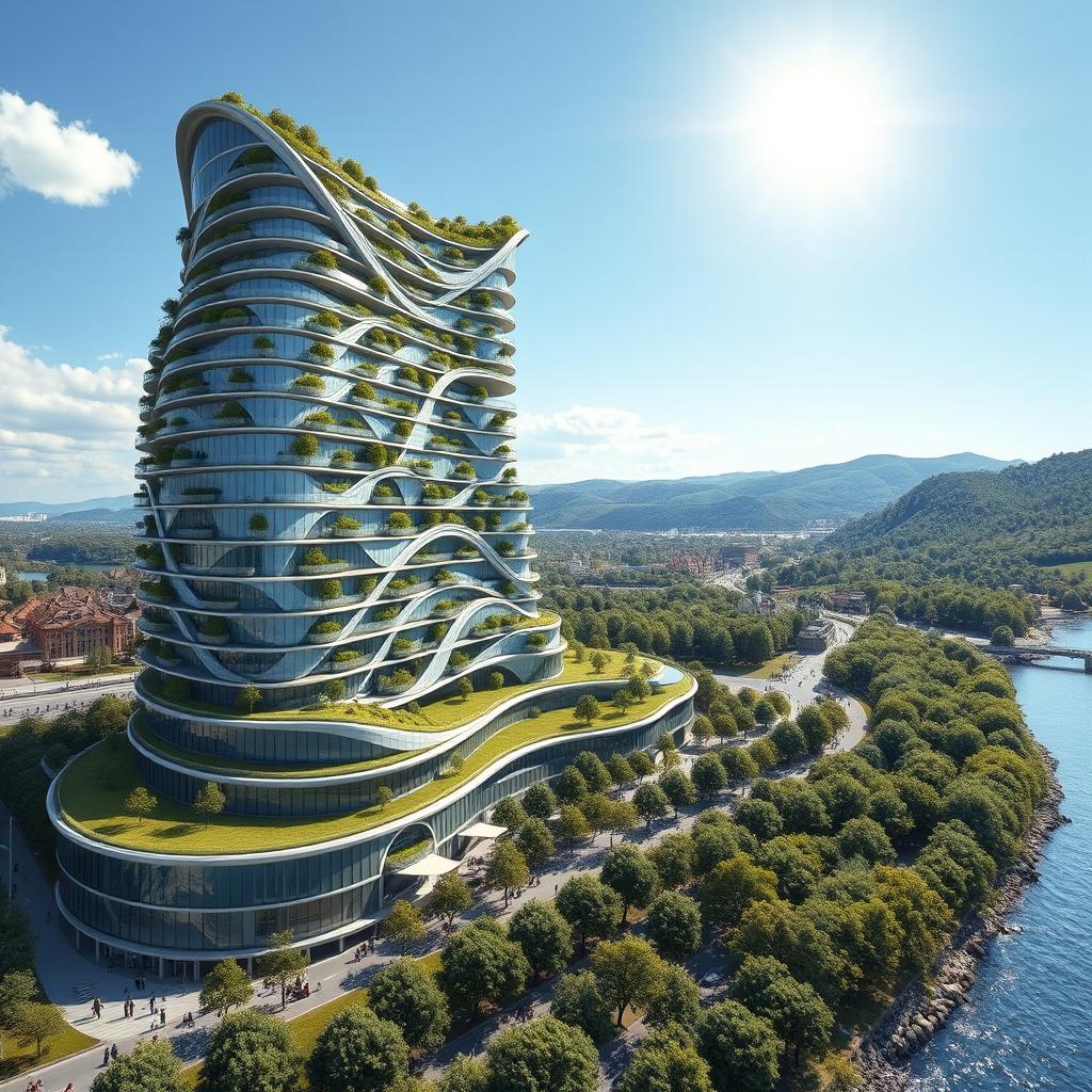 A residential building that is elegant, featuring a curved, twisted, bionic shape and futuristic design, rising to 40 floors