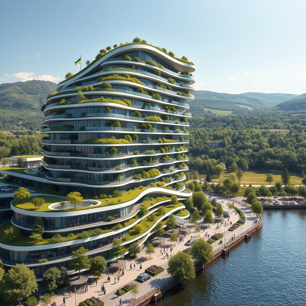 A residential building that is elegant, featuring a curved, twisted, bionic shape and futuristic design, rising to 40 floors