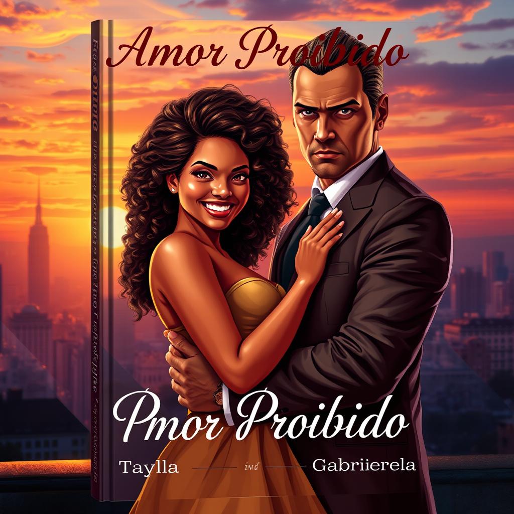 A captivating book cover depicting a Brazilian black girl and a Russian mafia man in a dramatic and romantic embrace