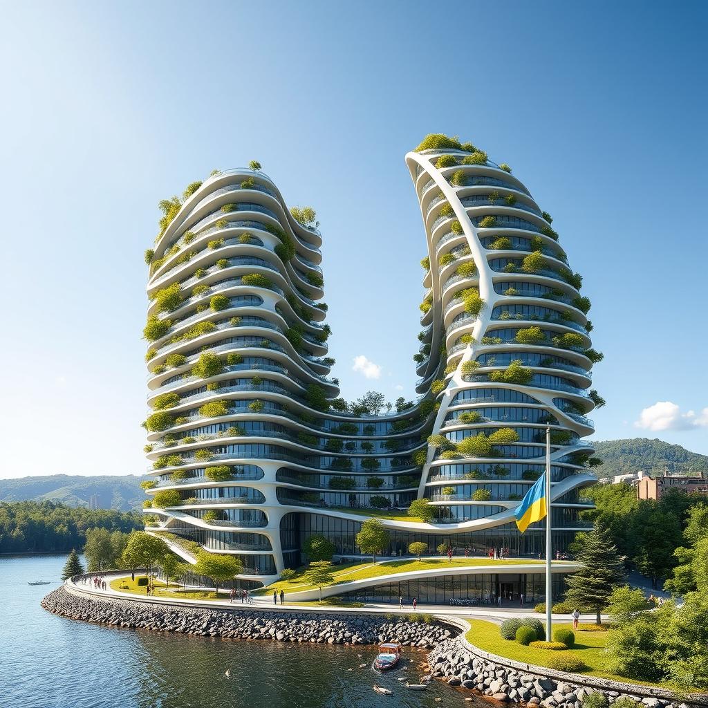 A residential building that is elegant, featuring a curved, twisted, bionic form and futuristic design, rising to 40 stories