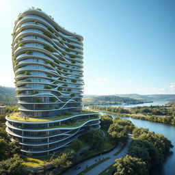 A residential building that is elegant, featuring a curved, twisted, bionic form and futuristic design, rising to 40 stories