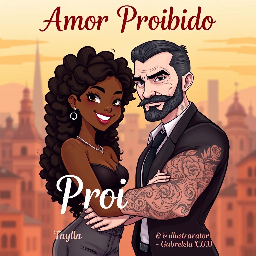 A beautifully illustrated book cover in a character design style, featuring a Brazilian black girl and a white, tattooed Russian mafia man, representing a romantic storyline