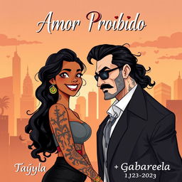 A beautifully illustrated book cover in a character design style, featuring a Brazilian black girl and a white, tattooed Russian mafia man, representing a romantic storyline