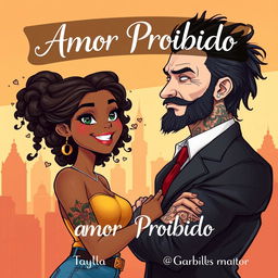 A beautifully illustrated book cover in a character design style, featuring a Brazilian black girl and a white, tattooed Russian mafia man, representing a romantic storyline