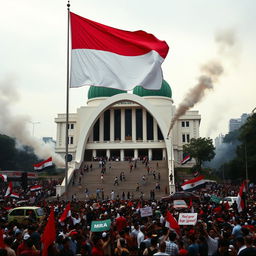 A chaotic scene capturing the 1998 riots in Jakarta, Indonesia, with the Indonesian flag prominently displayed: red on top, white at the bottom, flying at the MPR building