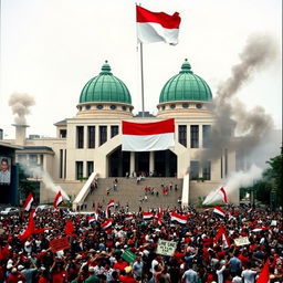 A chaotic scene capturing the 1998 riots in Jakarta, Indonesia, with the Indonesian flag prominently displayed: red on top, white at the bottom, flying at the MPR building