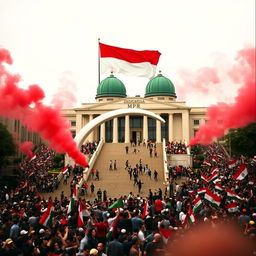 A chaotic scene capturing the 1998 riots in Jakarta, Indonesia, with the Indonesian flag prominently displayed: red on top, white at the bottom, flying at the MPR building