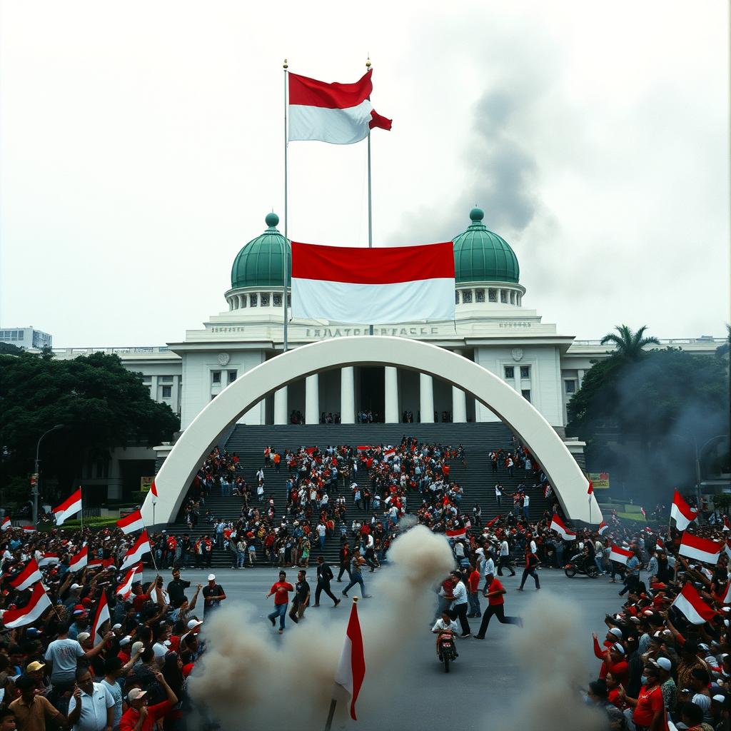 A chaotic scene capturing the 1998 riots in Jakarta, Indonesia, with the Indonesian flag prominently displayed: red on top, white at the bottom, flying at the MPR building