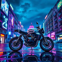 A sleek Moto Triumph Street Triple motorcycle displayed in a vibrant, futuristic Madrid cityscape, infused with cyberpunk elements