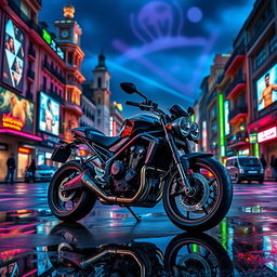 A sleek Moto Triumph Street Triple motorcycle displayed in a vibrant, futuristic Madrid cityscape, infused with cyberpunk elements