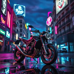 A sleek Moto Triumph Street Triple motorcycle displayed in a vibrant, futuristic Madrid cityscape, infused with cyberpunk elements