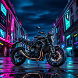 A sleek Moto Triumph Street Triple motorcycle displayed in a vibrant, futuristic Madrid cityscape, infused with cyberpunk elements