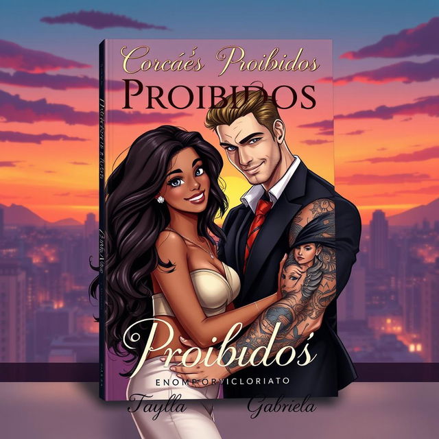 A stunning book cover featuring a Brazilian black girl and a handsome, tattooed white Russian mafia man, designed in an artistic style that balances between realism and illustration