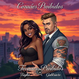 A stunning book cover featuring a Brazilian black girl and a handsome, tattooed white Russian mafia man, designed in an artistic style that balances between realism and illustration