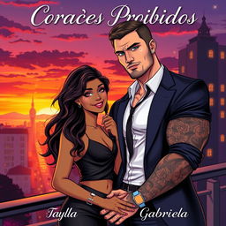 A stunning book cover featuring a Brazilian black girl and a handsome, tattooed white Russian mafia man, designed in an artistic style that balances between realism and illustration